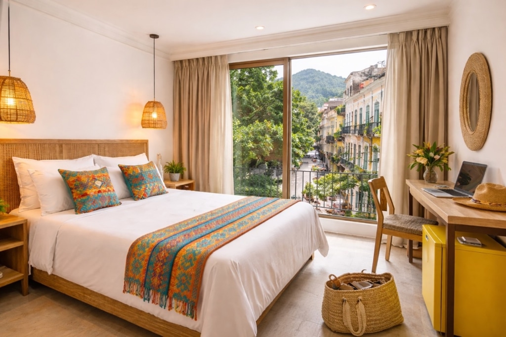 Quarto de hotel iluminado pelo sol com uma cama de casal, detalhes coloridos, uma varanda e vista panorâmica da rua.