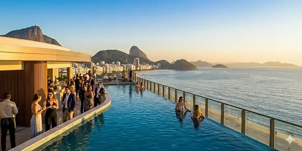 As pessoas se reúnem em uma piscina infinita na cobertura com vista para a praia e a paisagem urbana ao pôr do sol.