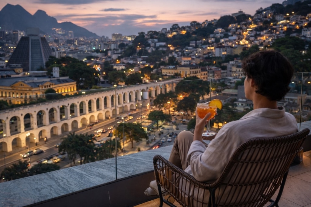 Pessoa com um coquetel em uma varanda com vista para as luzes da cidade e um viaduto em arco ao pôr do sol.