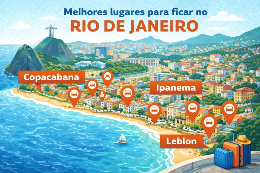 Mapa ilustrado do Rio de Janeiro marcando Copacabana, Ipanema e Leblon como os melhores lugares para se hospedar na praia.