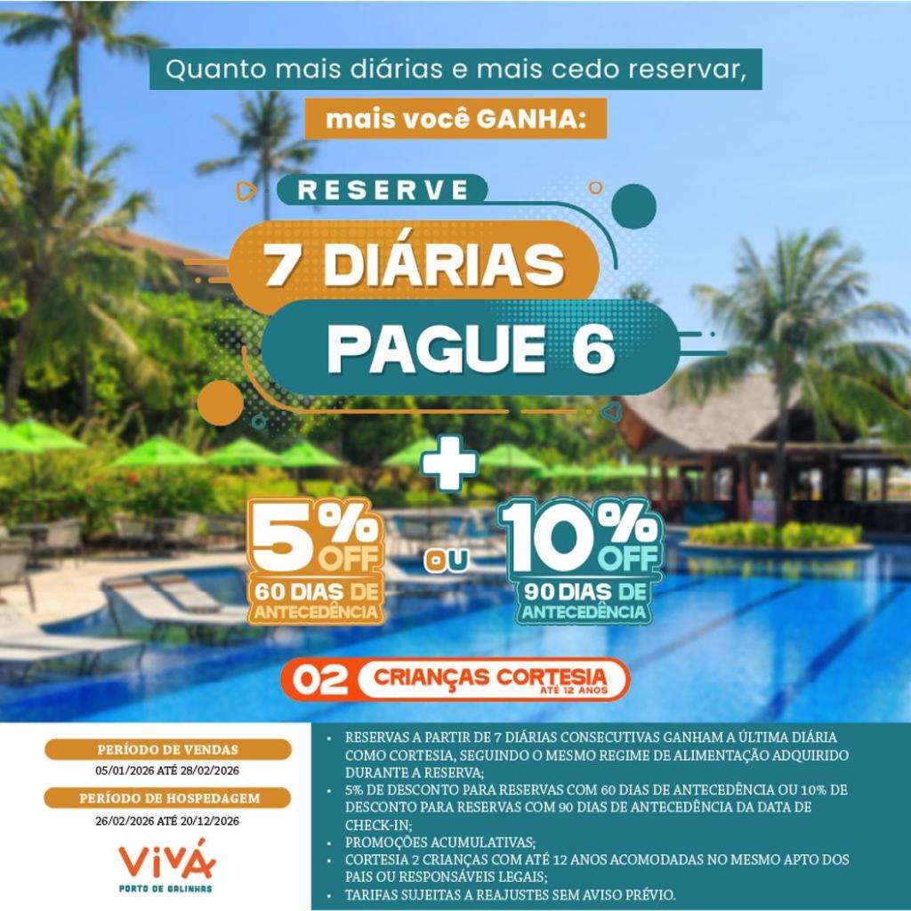Fique 7 noites, pague 6 no Vivá Porto de Galinhas Resort - aproveite os descontos e crianças grátis na piscina!.